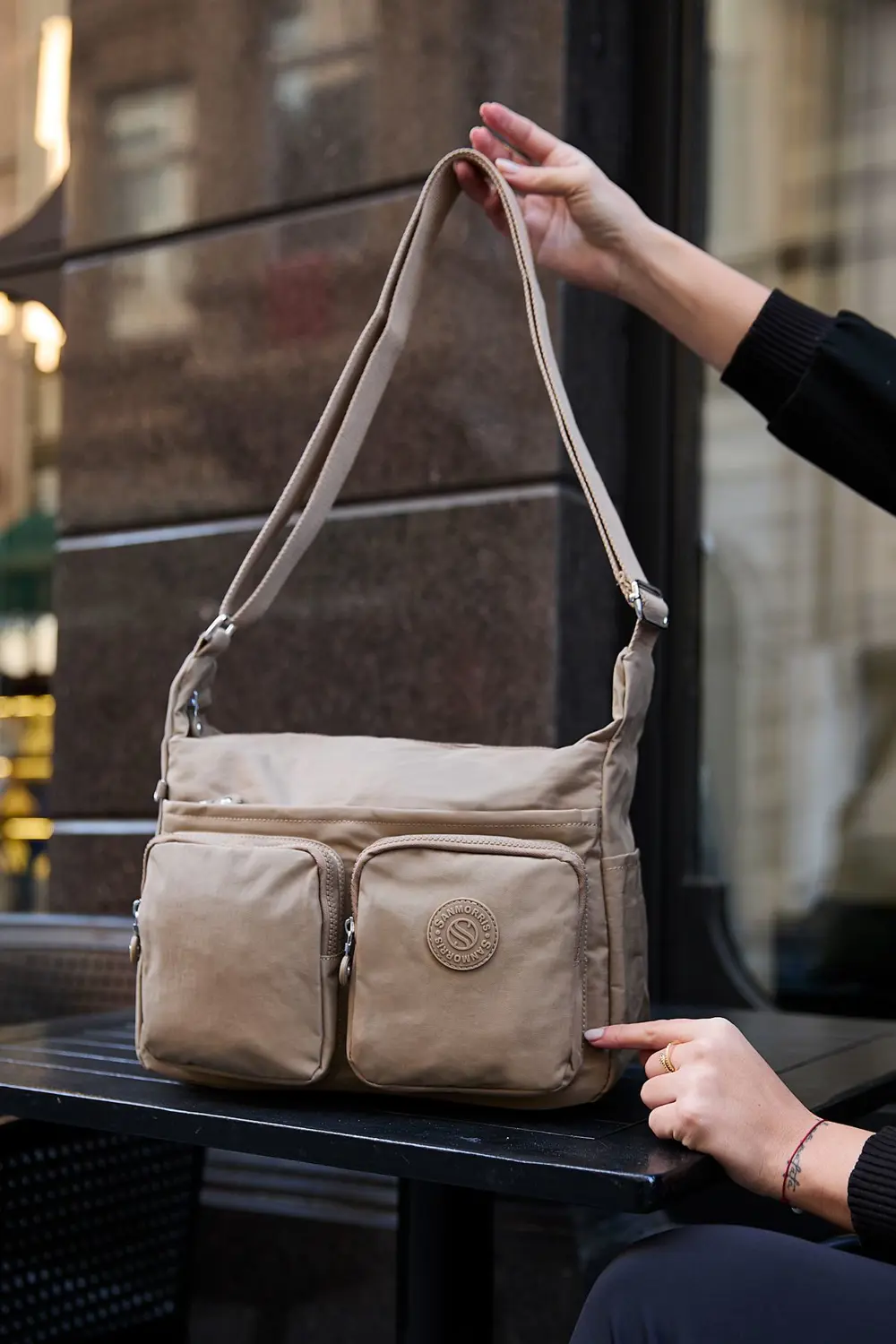 Kadın Suya Dayanıklı Krinkıl Kumaş Çok Gözlü Ayarlanabilir Bej Ça