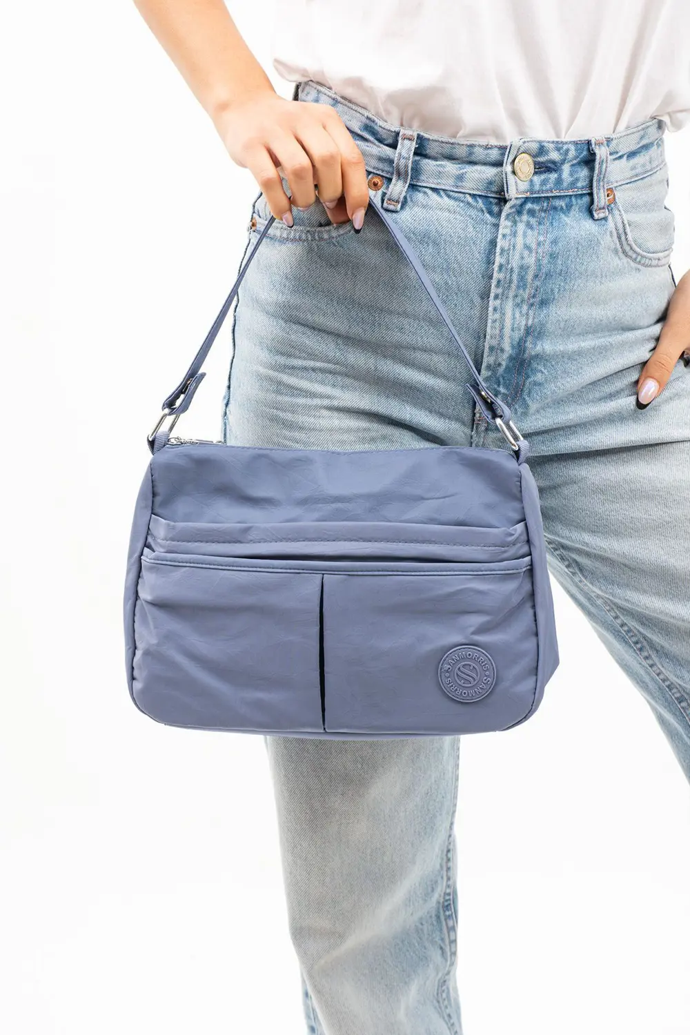 Kadın Suya Dayanıklı Paraşüt Kumaş 5 Gözlü Mavi Renkli Çapraz Ask