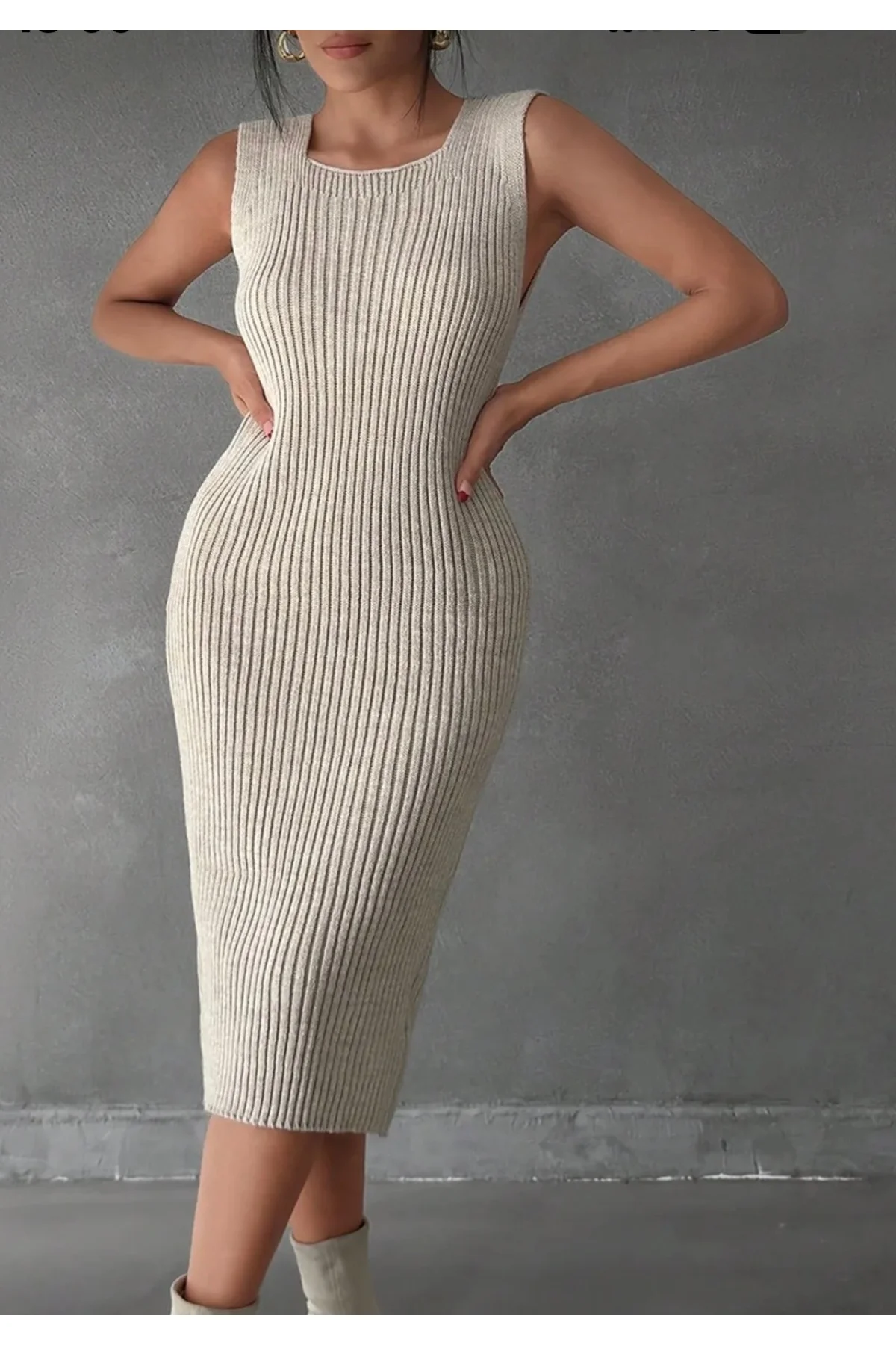 Kadın Örgü Crop Kazak ve Triko Elbise Takım Bej Oversize