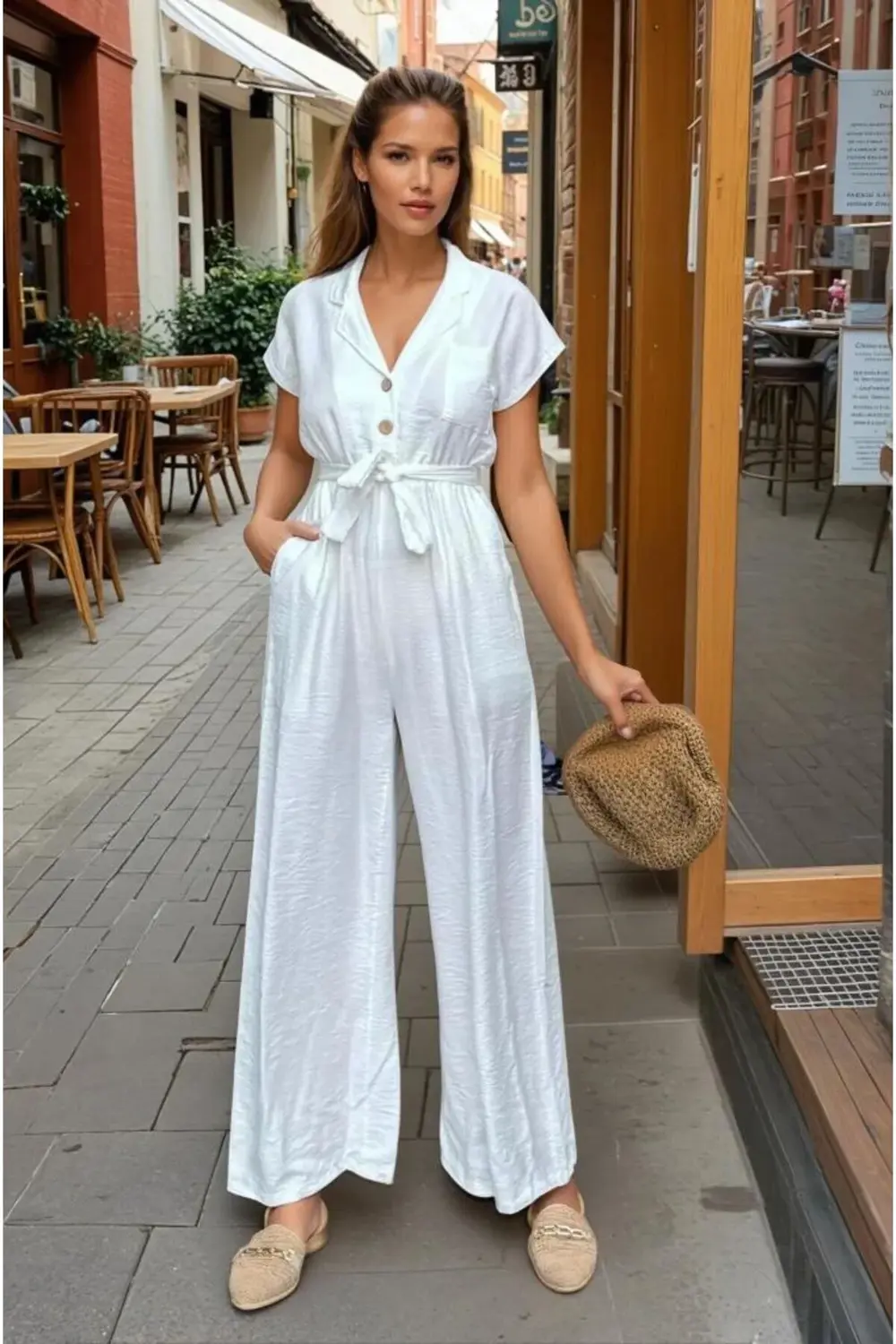 Kadın Taş Kısa Kollu Bol Paça Cepli Kuşaklı Rahat Tulum 3405430