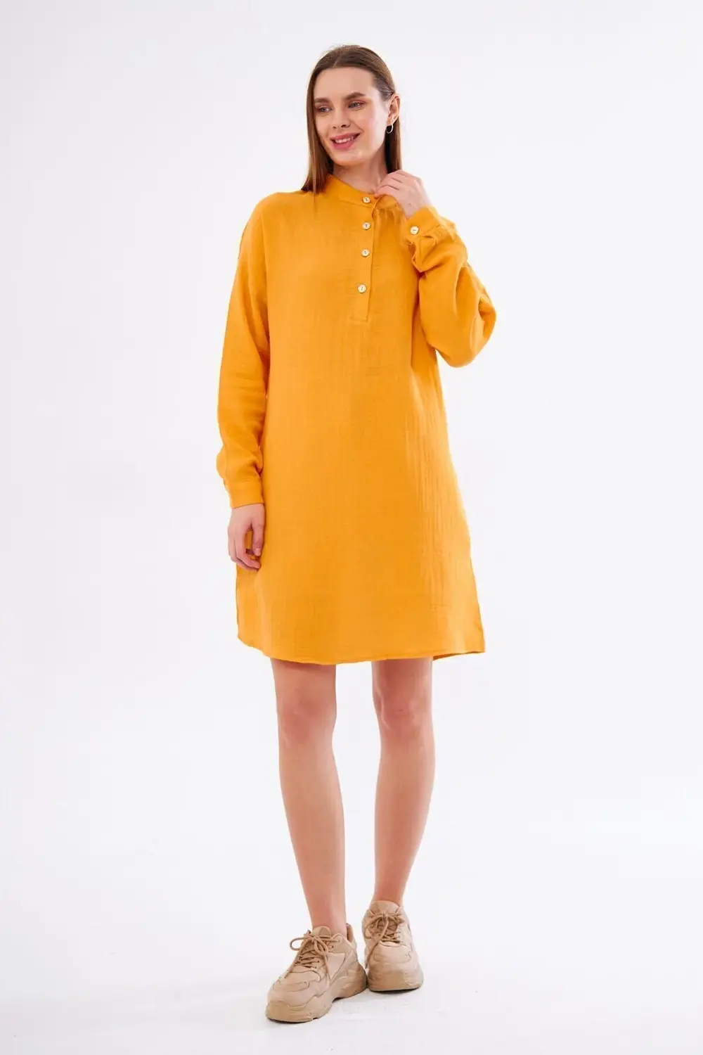 Kadın Taş Muslin Uzun Kollu Hakim Yaka Cepli Günlük Yazlık Tunik