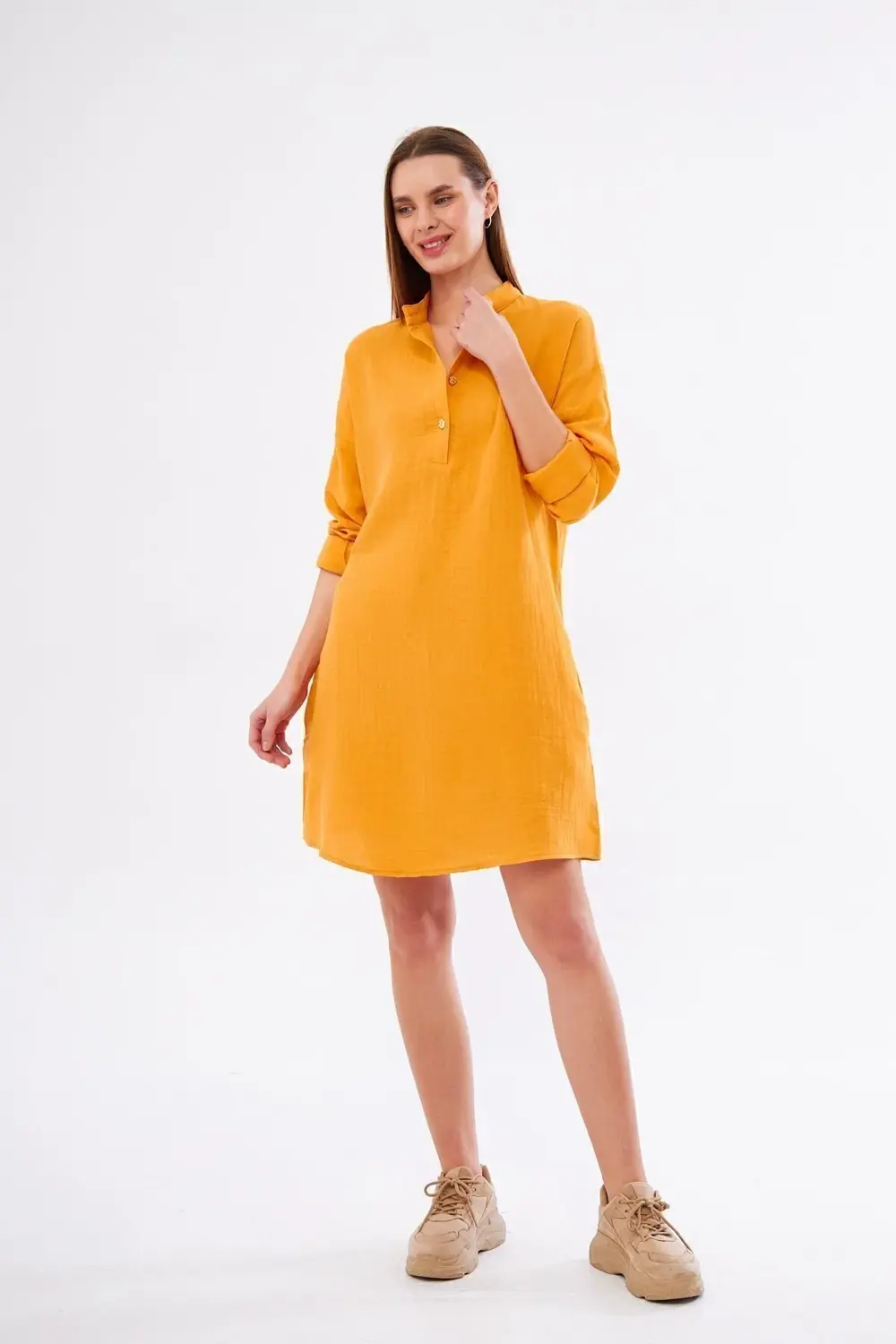 Kadın Taş Muslin Uzun Kollu Hakim Yaka Cepli Günlük Yazlık Tunik