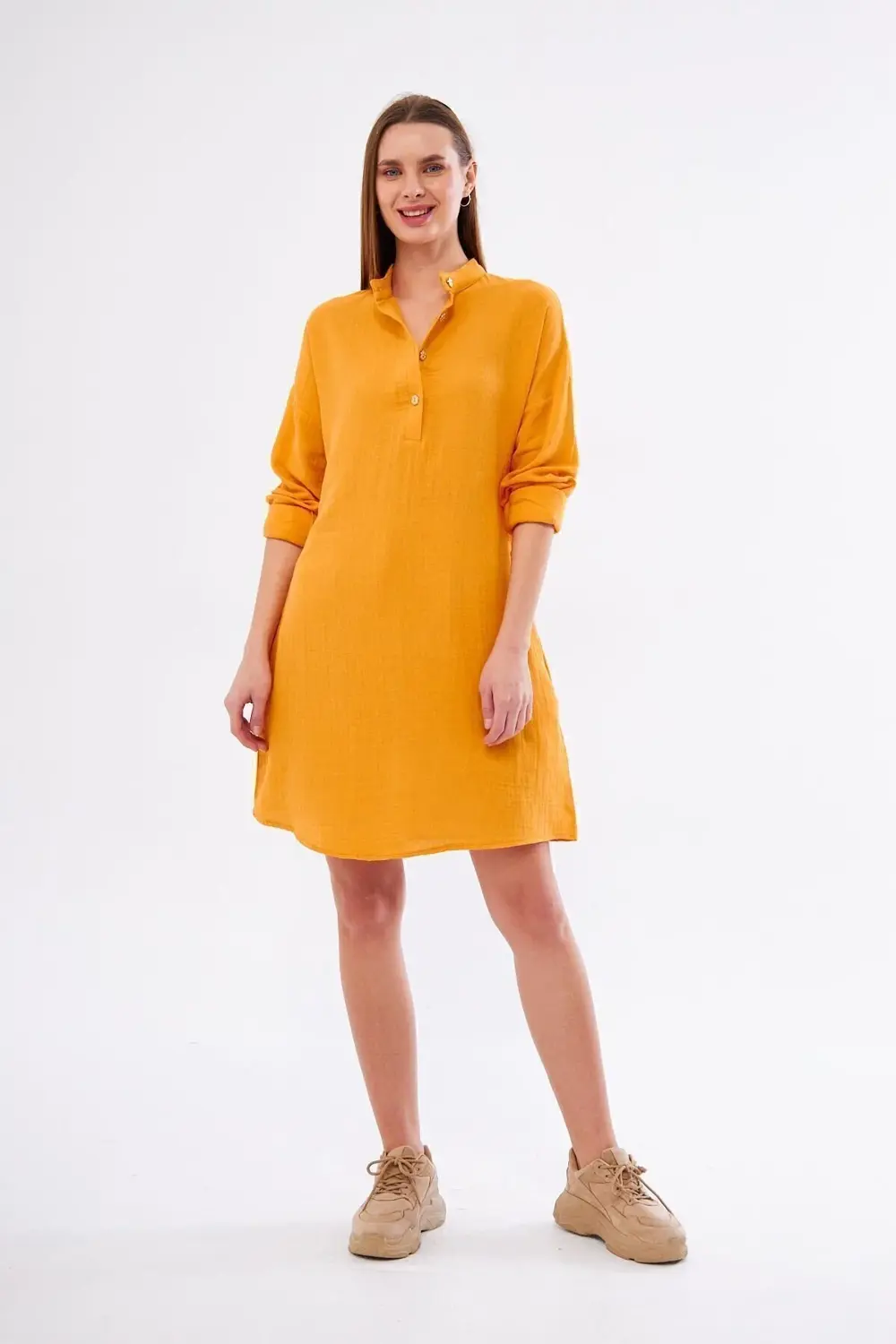 Kadın Taş Muslin Uzun Kollu Hakim Yaka Cepli Günlük Yazlık Tunik