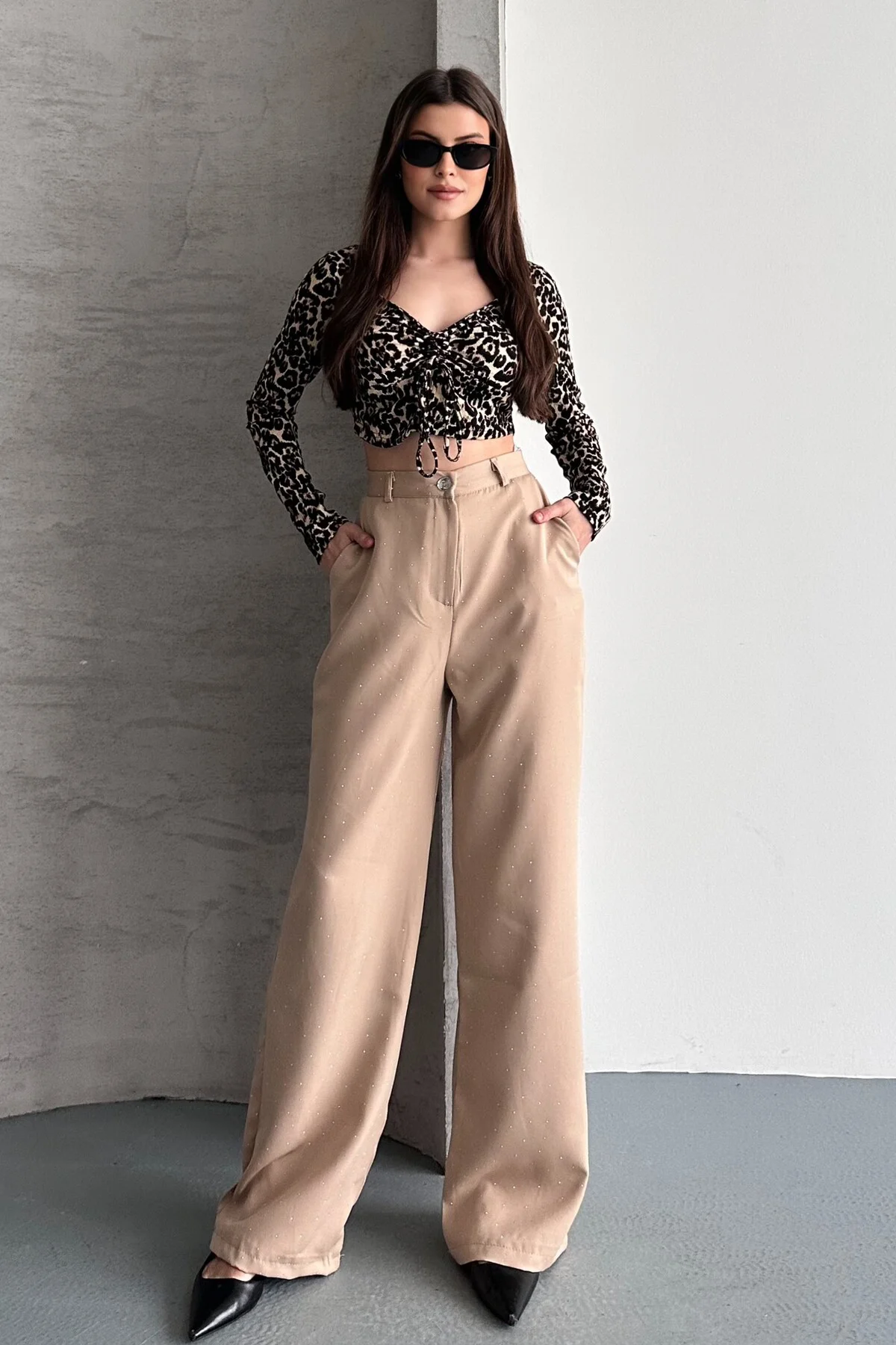 Kadın Taşlı Yüksek Bel Bej Palazzo Pantolon Geniş Paça Kumaş Pant