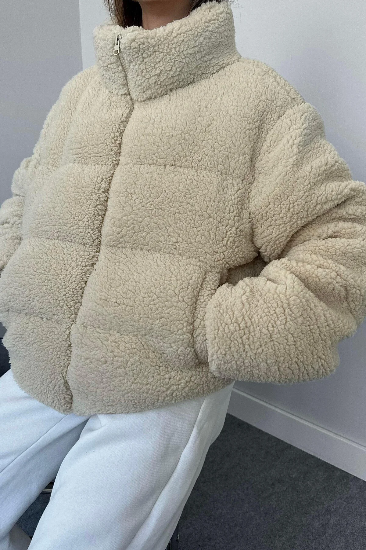 Kadın Teddy Peluş Mont - Polar Şişme Kaban Yumuşak Kürk Görünümlü