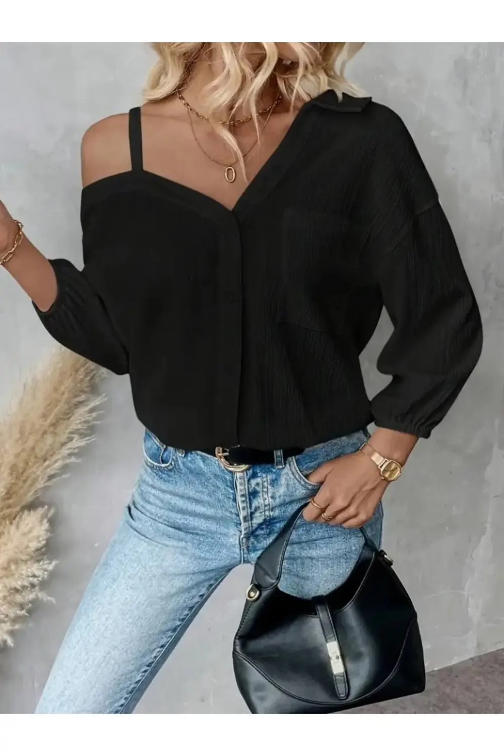 Kadın Tek Omuzdan Açık Askılı Uzun Kollu Yakalı önden Düğmeli Göm