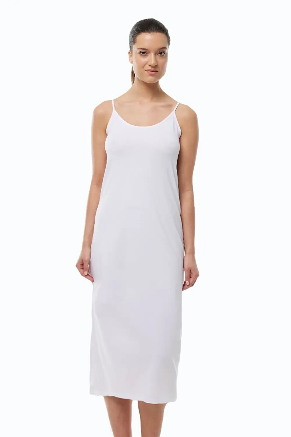 Kadın Ten Ayarlanabilir İp Askılı Uzun Geniş Elbise Astarı Modal