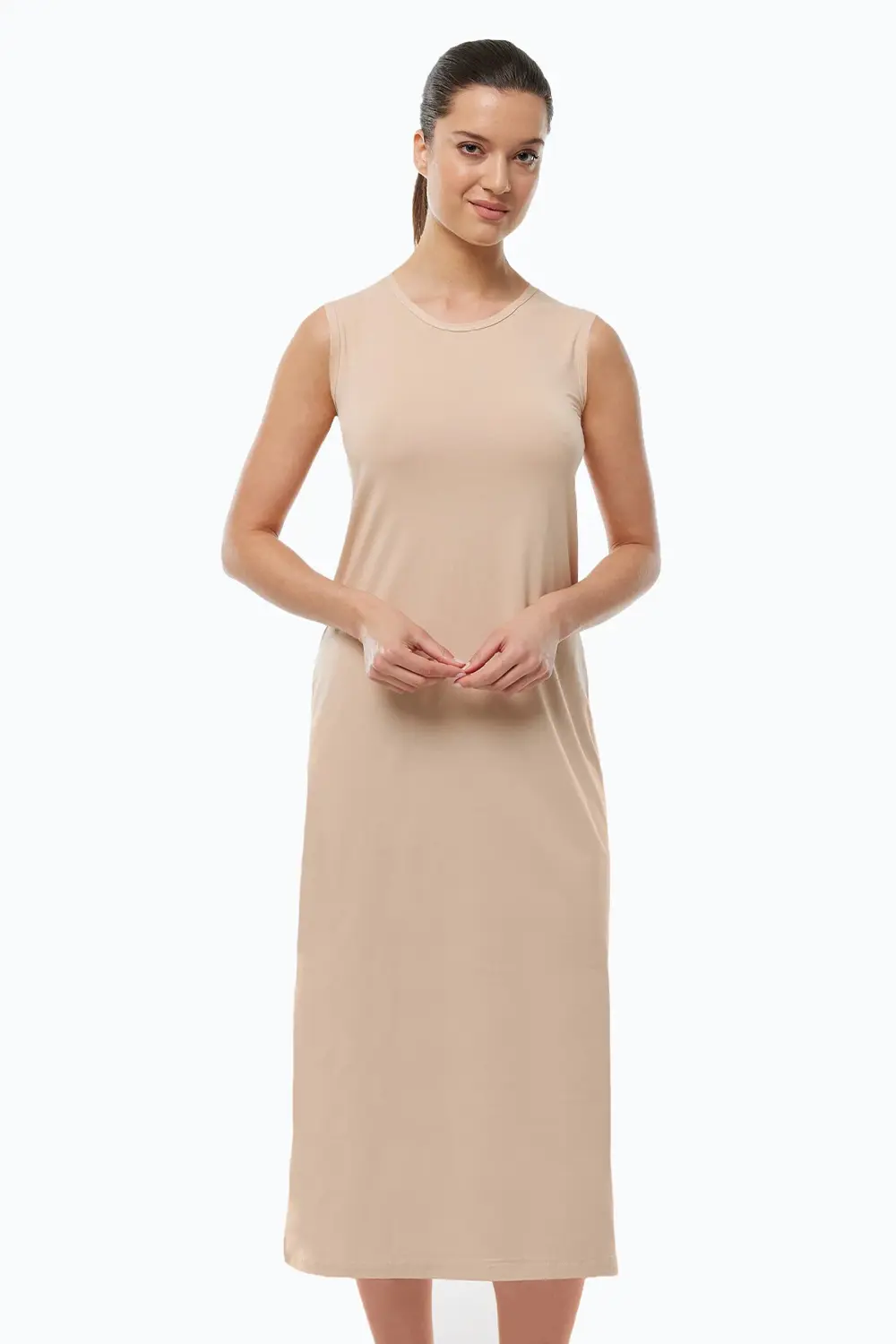 Kadın Ten Rengi Uzun Kolsuz Elbise Astarı Modal Kombinezon 1049