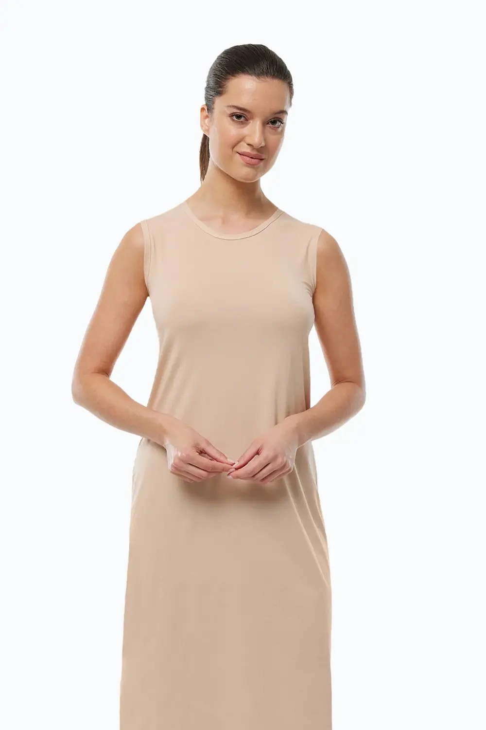 Kadın Ten Rengi Uzun Kolsuz Elbise Astarı Modal Kombinezon 1049