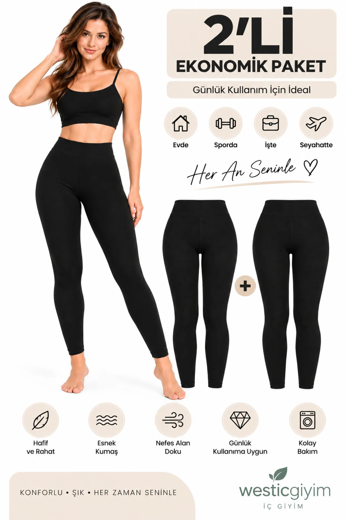 Kadın Termal İçlik Altı 2'li Ekonomik Paket Yüksek Bel Esnek Sıcak Tutan Kışlık Tayt S/M L/XL