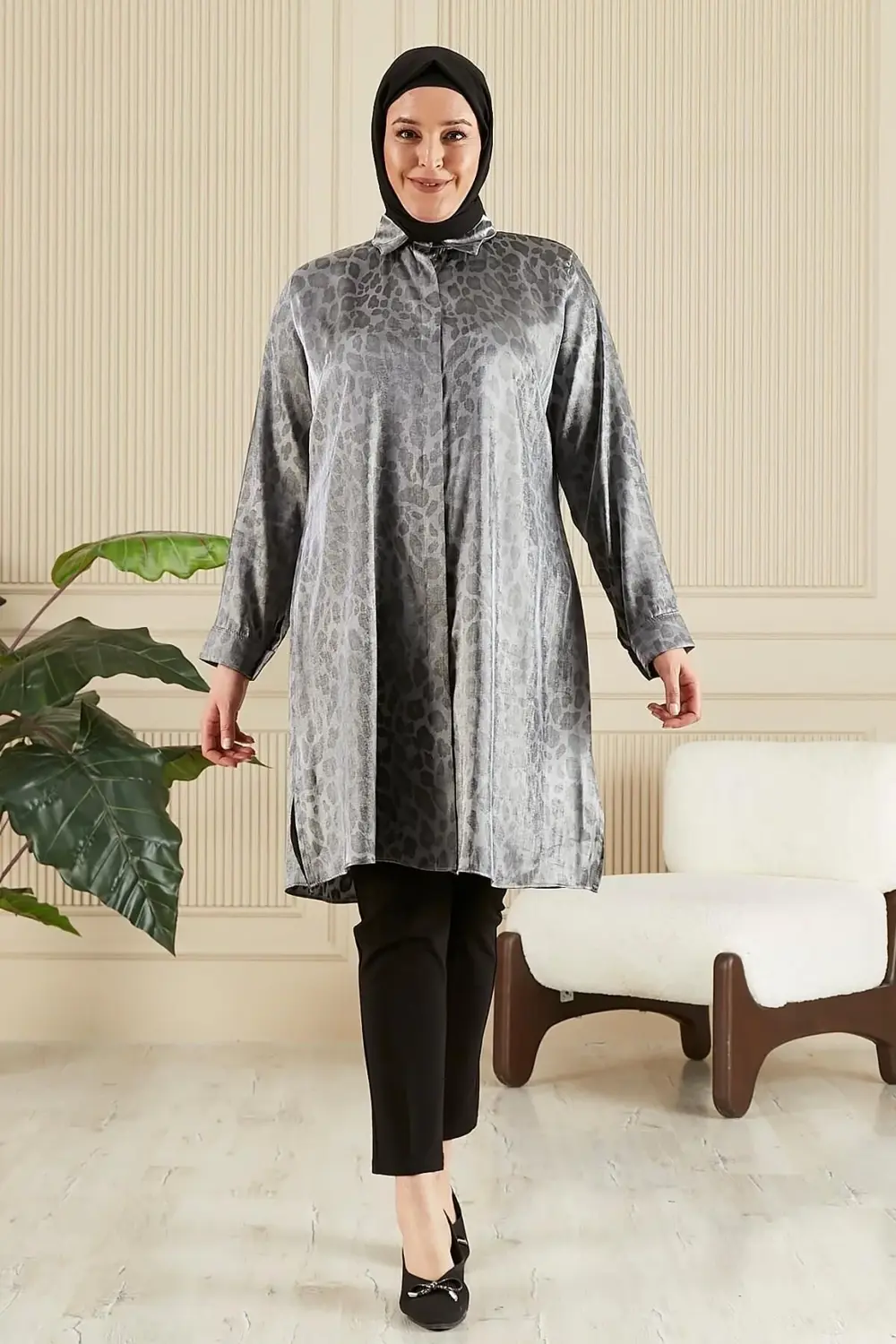 Kadın Tesettür Büyük Beden Çizgili Uzun Gömlek Tunik