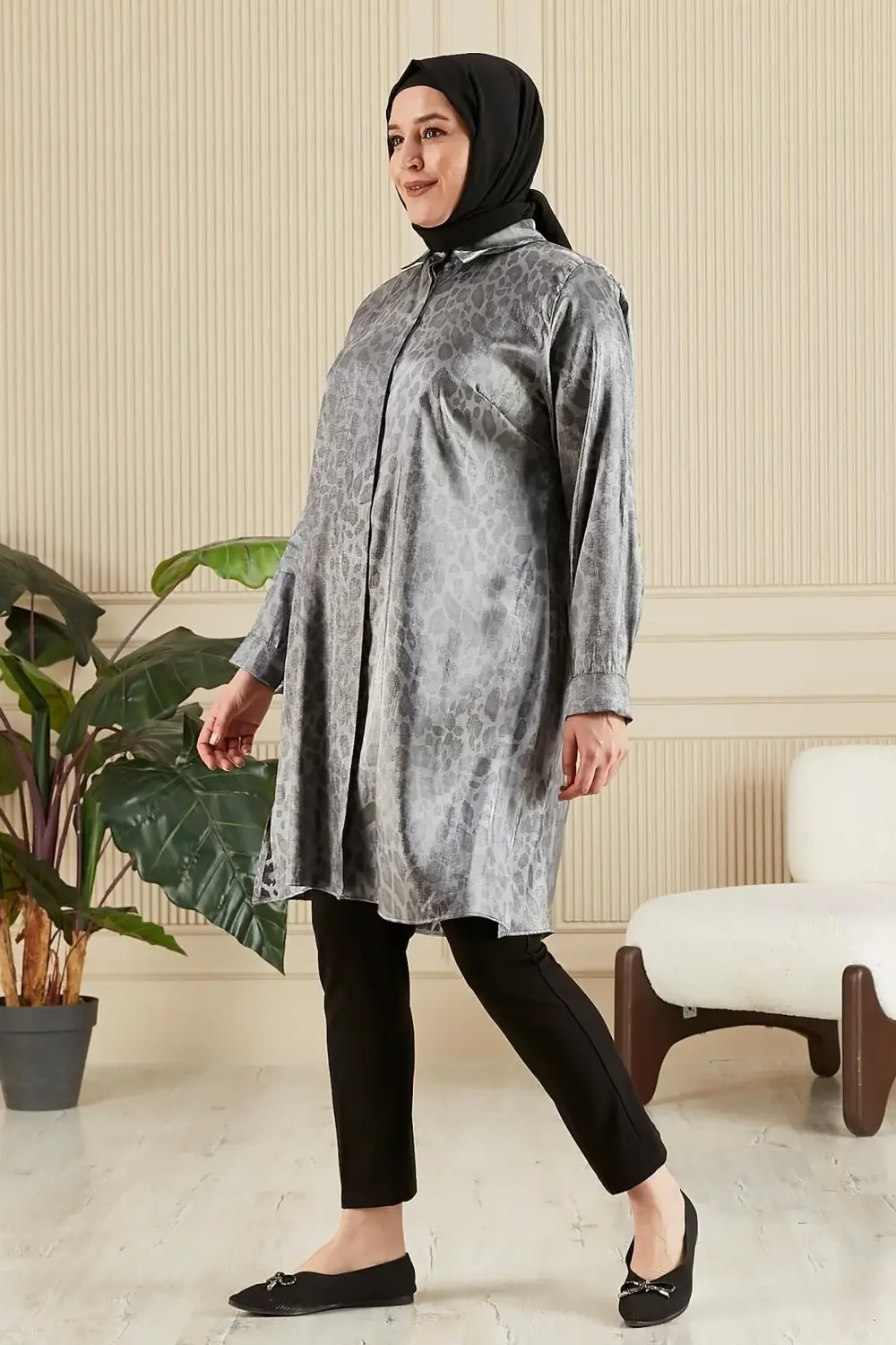 Kadın Tesettür Büyük Beden Çizgili Uzun Gömlek Tunik