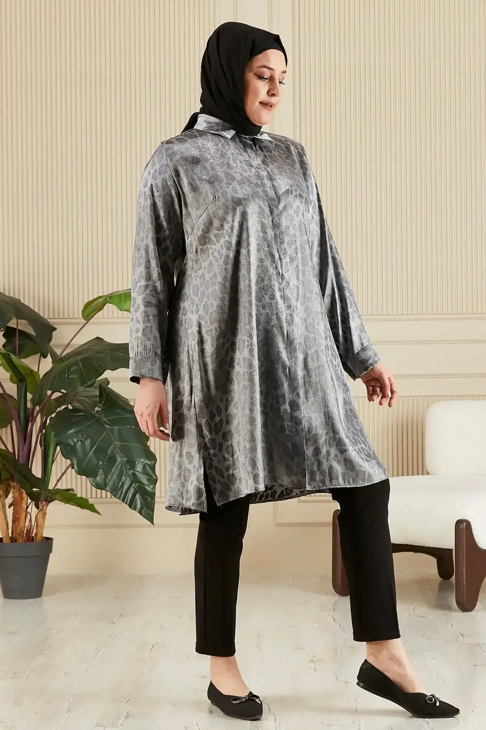 Kadın Tesettür Büyük Beden Çizgili Uzun Gömlek Tunik