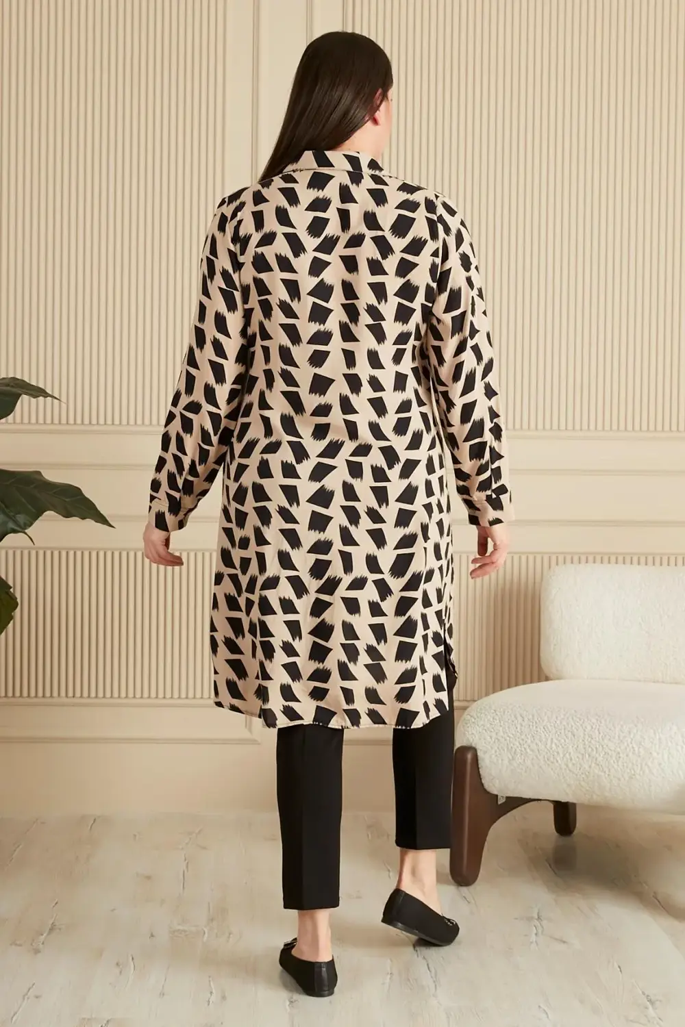 Kadın Tesettur Büyük Beden Fırça Desenli Uzun Gömlek Tunik