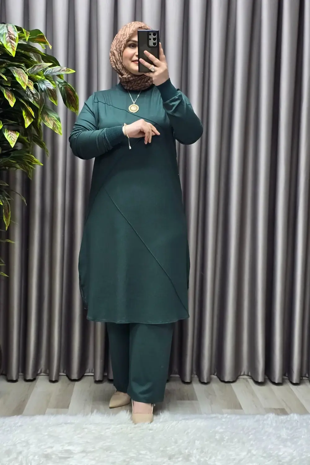 Kadın Tesettür Büyük Beden Giyim Nervürlü İkili Takım