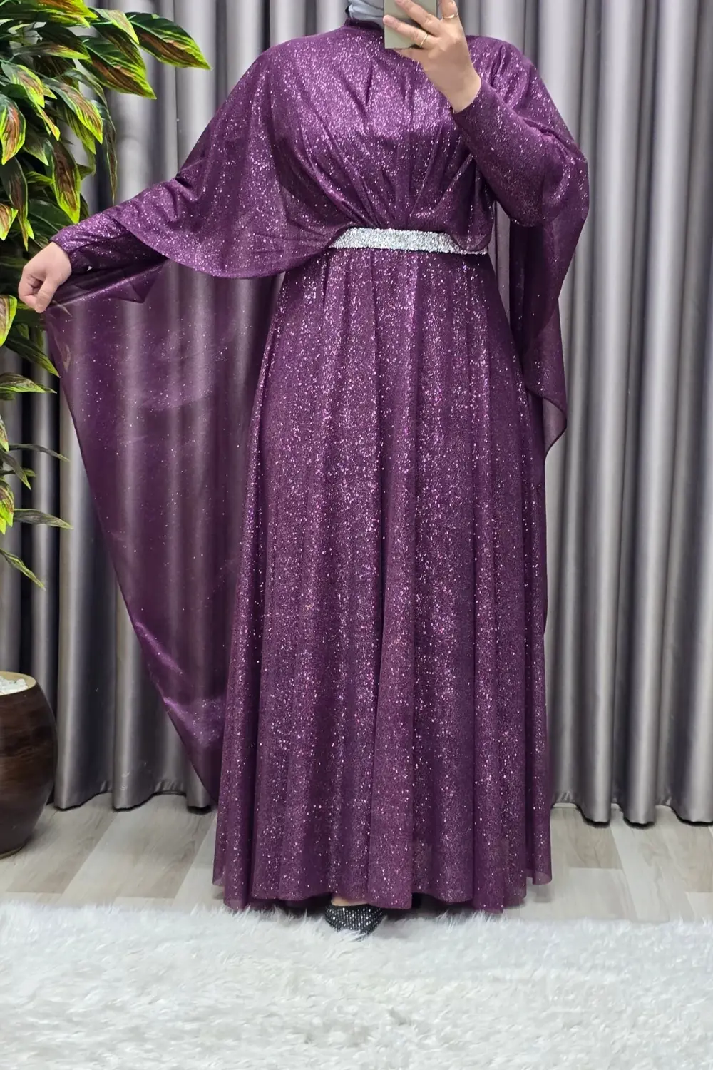 Kadın Tesettür Büyük Beden Giyim Simli Pelerinli Abiye