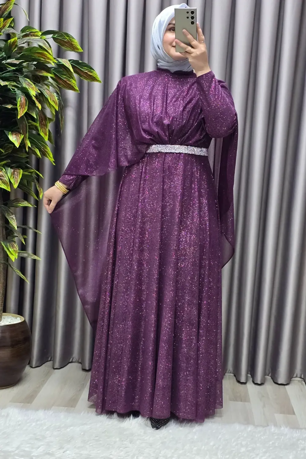 Kadın Tesettür Büyük Beden Giyim Simli Pelerinli Abiye