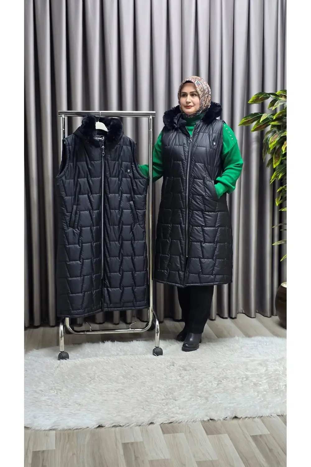 Kadın Tesettür Büyük Beden Kapüşonlu Fermuarlı Kürklü Piramit Des