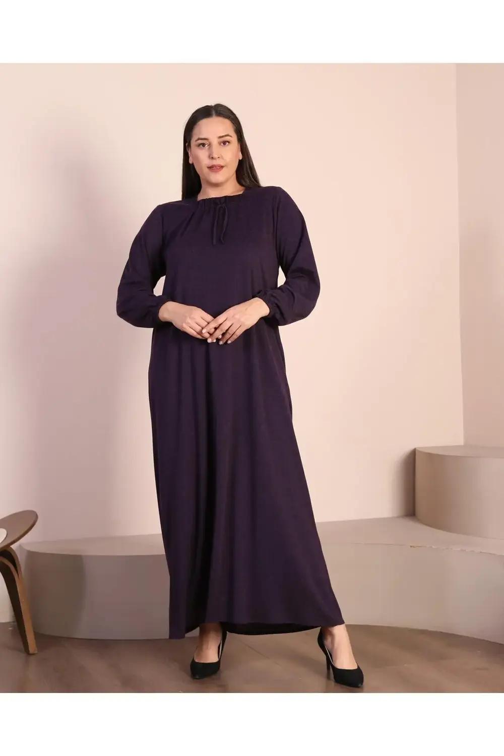 Kadin Tesettur Buyuk Beden Kare Yaka Uzun Elbise