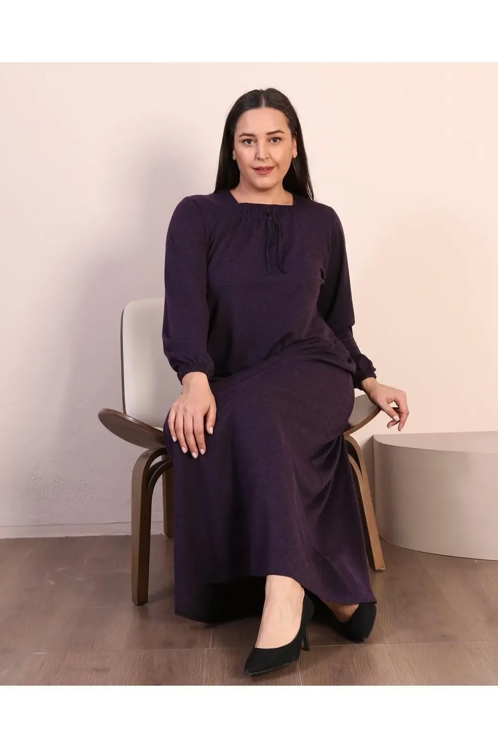 Kadin Tesettur Buyuk Beden Kare Yaka Uzun Elbise