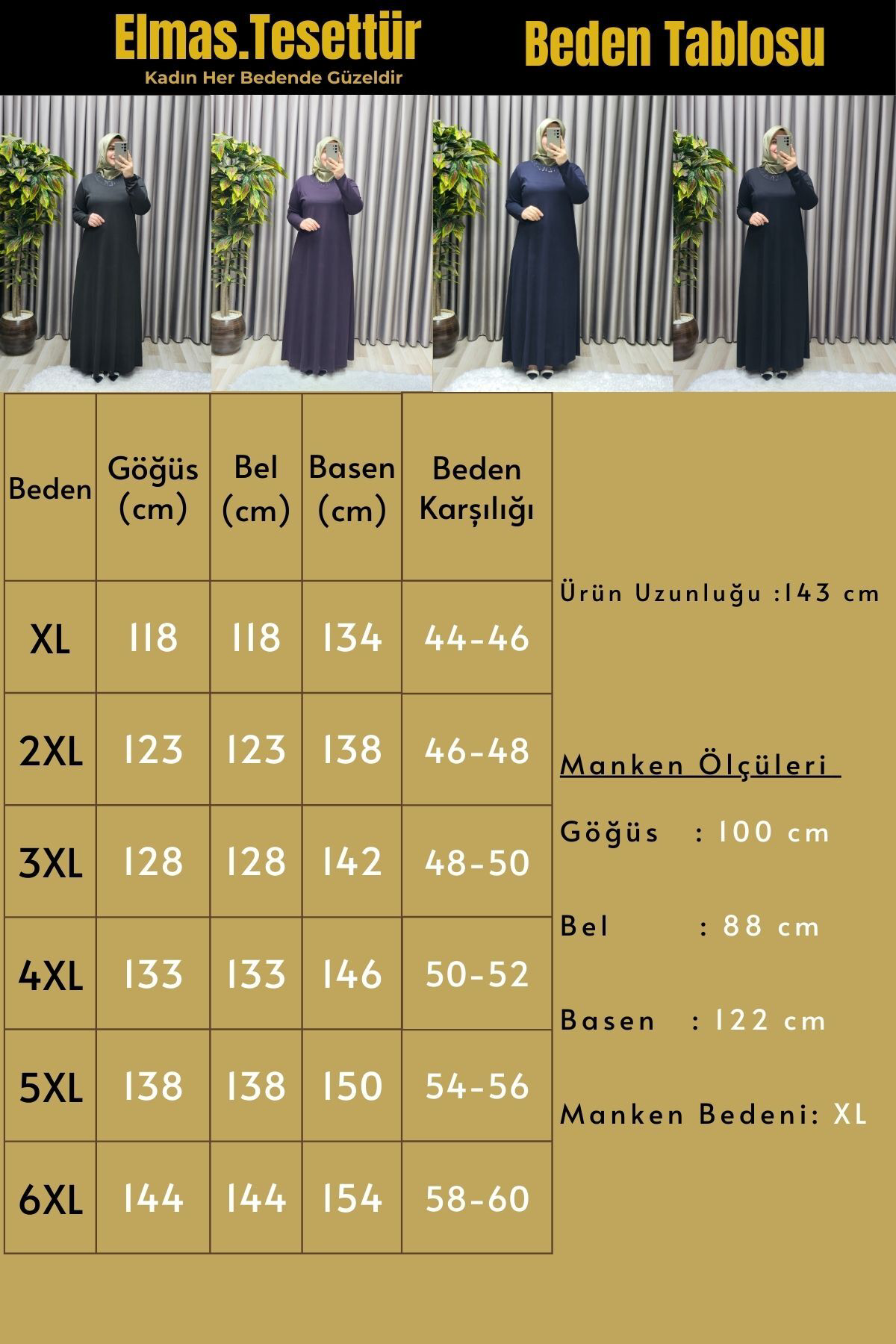 Kadın Tesettür Büyük Beden Giyim Yakası Taşlı Anne Elbise