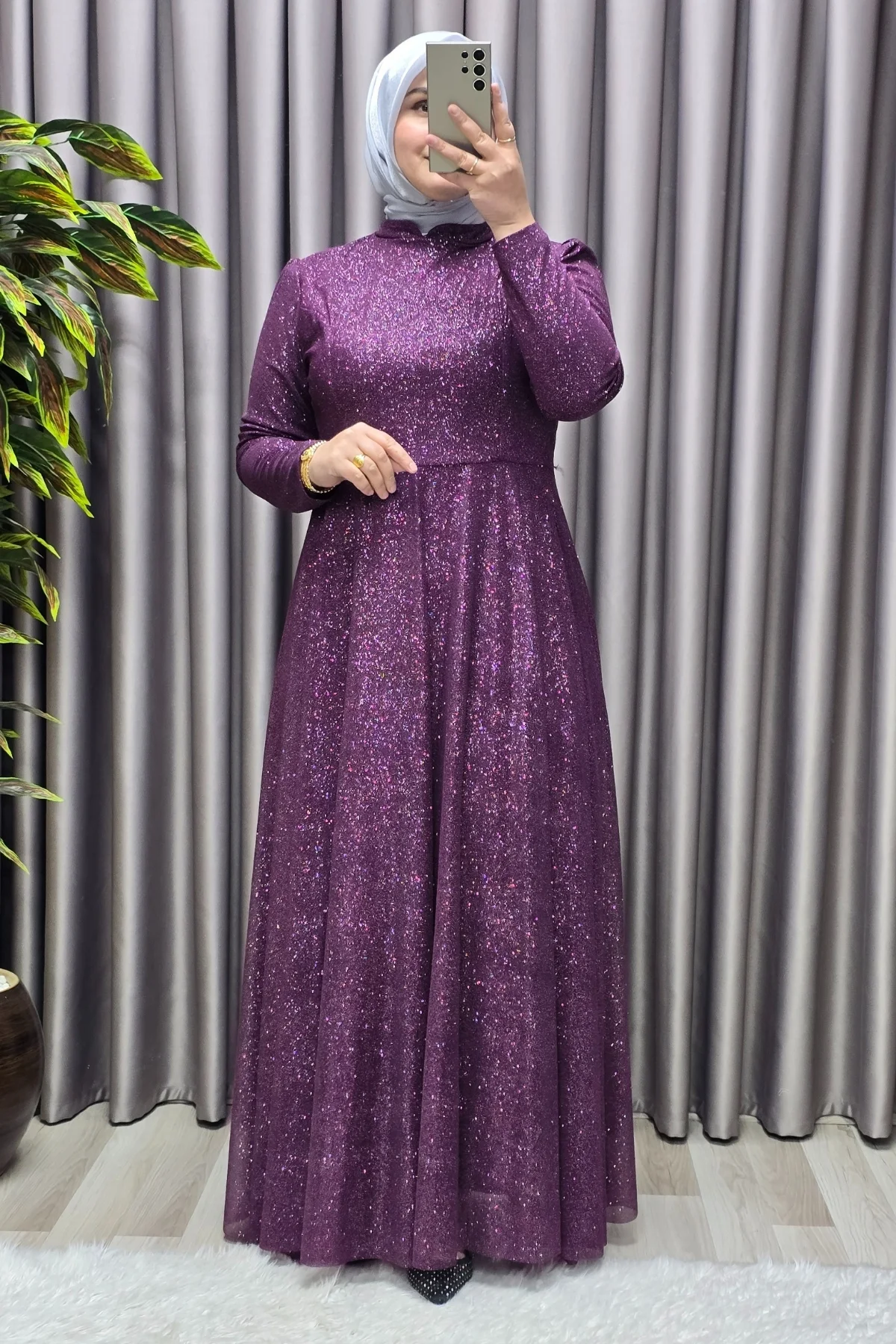 Kadın Tesettür Büyük Beden Giyim Simli Pelerinli Abiye