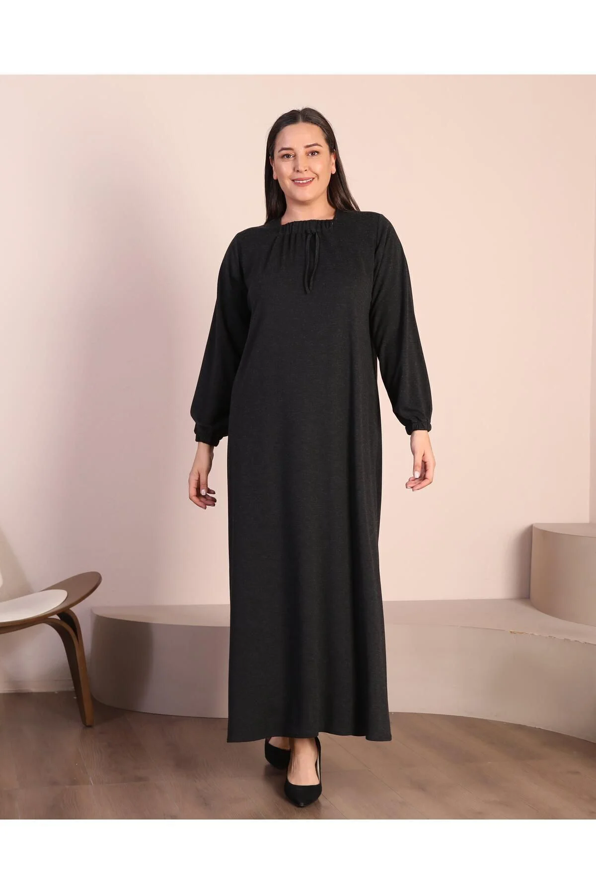 Kadin Tesettur Buyuk Beden Kare Yaka Uzun Elbise