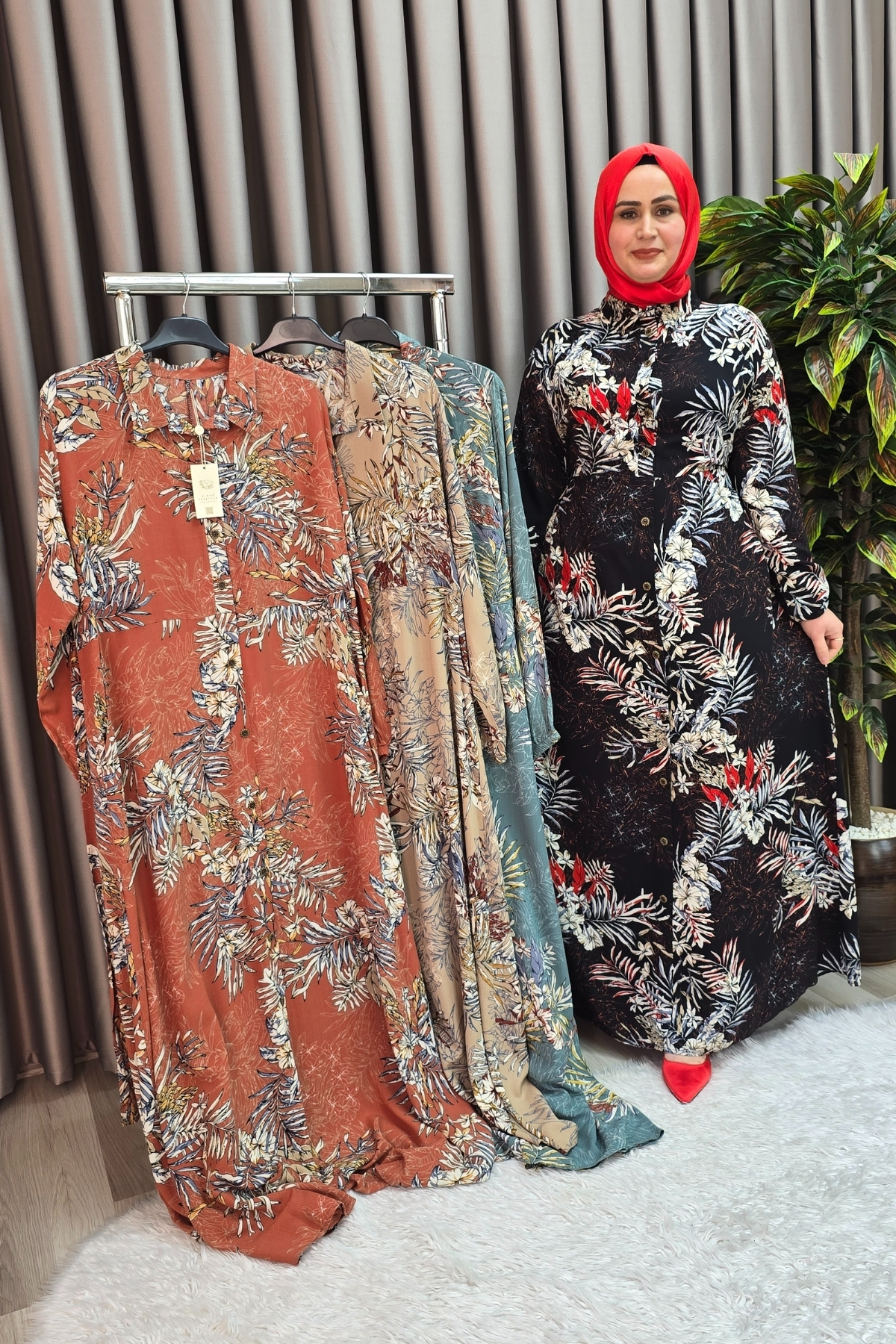 Kadın Tesettür Büyük Beden Giyim Palmiye Gömlek Elbise