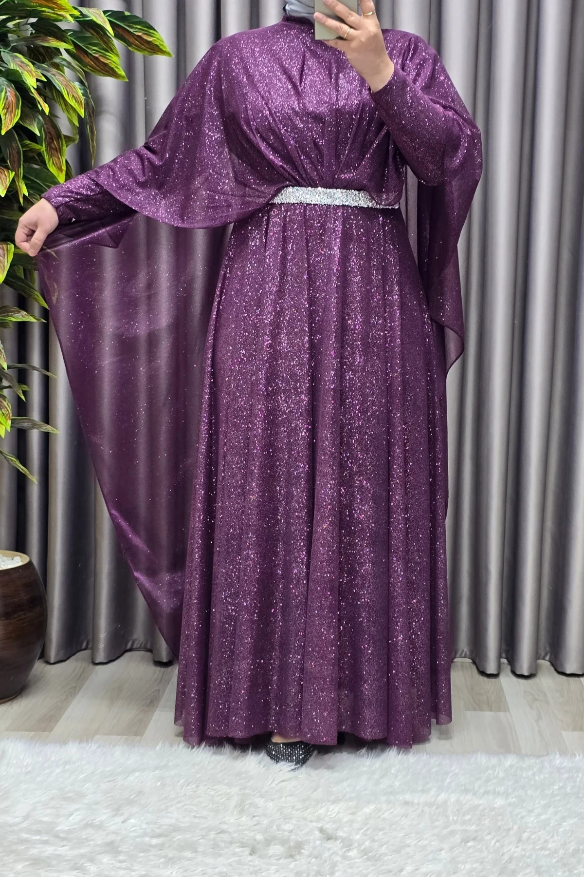 Kadın Tesettür Büyük Beden Giyim Simli Pelerinli Abiye