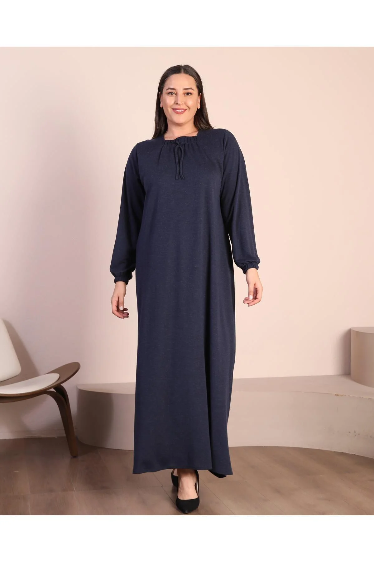 Kadin Tesettur Buyuk Beden Kare Yaka Uzun Elbise