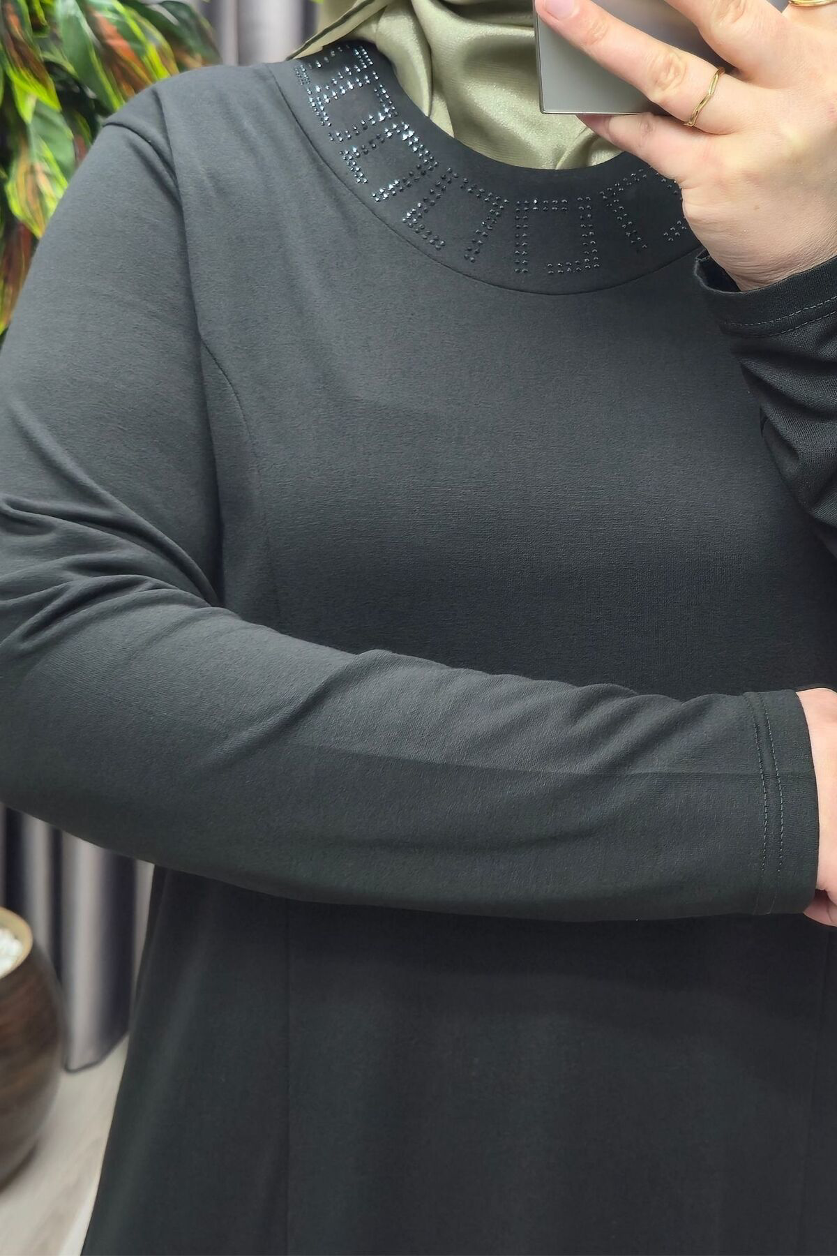 Kadın Tesettür Büyük Beden Giyim Yakası Taşlı Anne Elbise