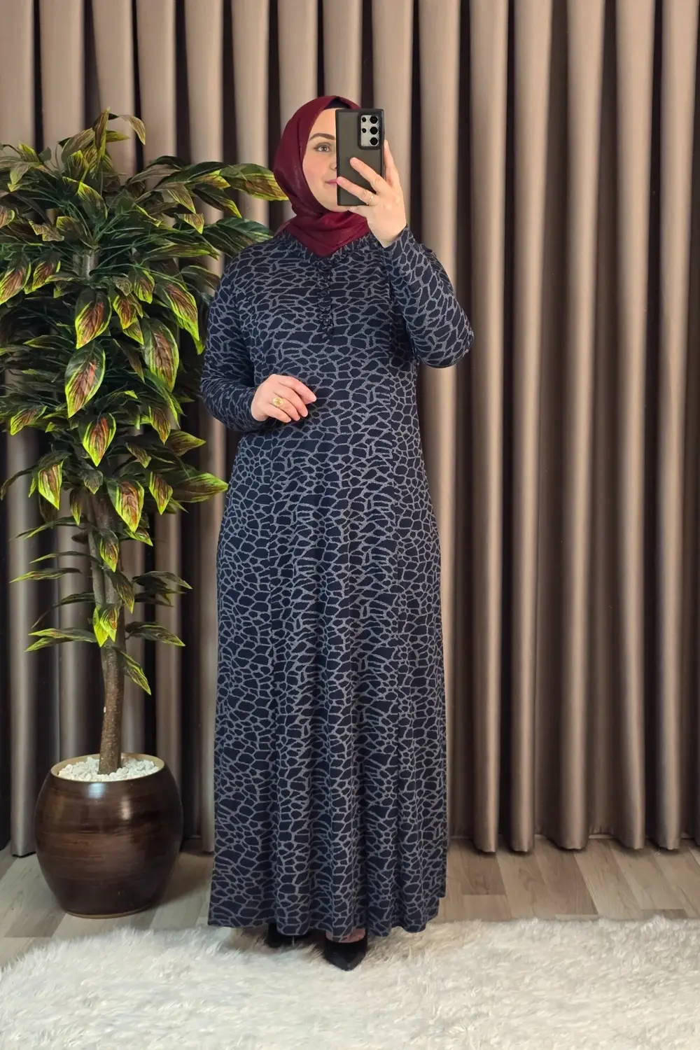 Kadın Tesettür Giyim Büyük Beden Anne Leopar Desen Elbise