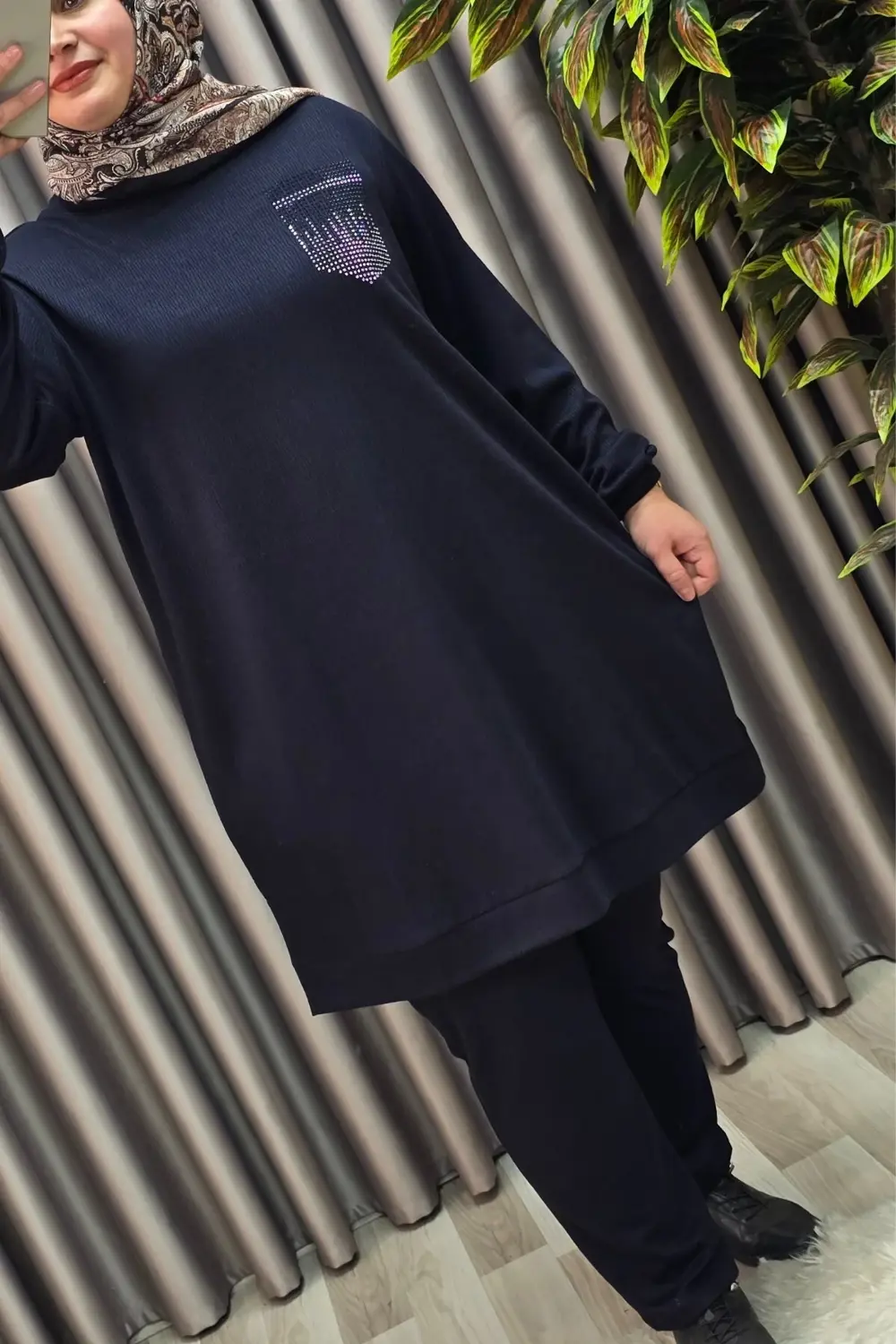 Kadın Tesettür Giyim Büyük Beden Cebi Taş İşlmeli İkili Takım