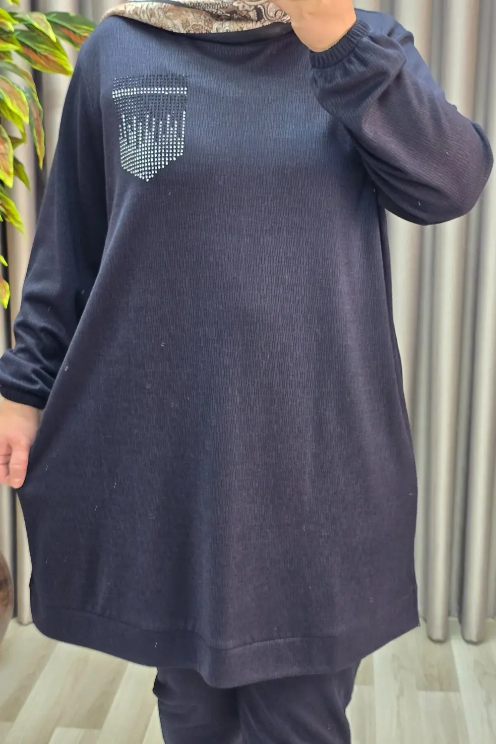 Kadın Tesettür Giyim Büyük Beden Cebi Taş İşlmeli İkili Takım