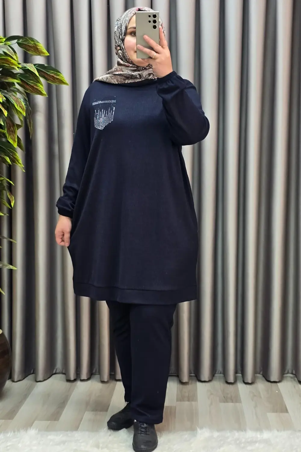 Kadın Tesettür Giyim Büyük Beden Cebi Taş İşlmeli İkili Takım