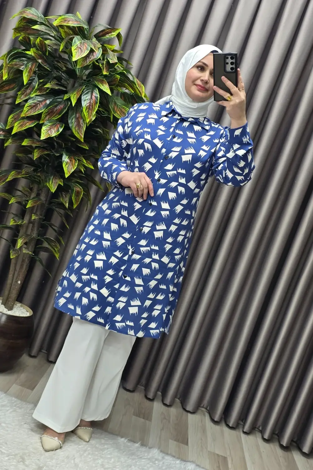 Kadın Tesettür Giyim Büyük Beden Çıtır Desen Gömlek