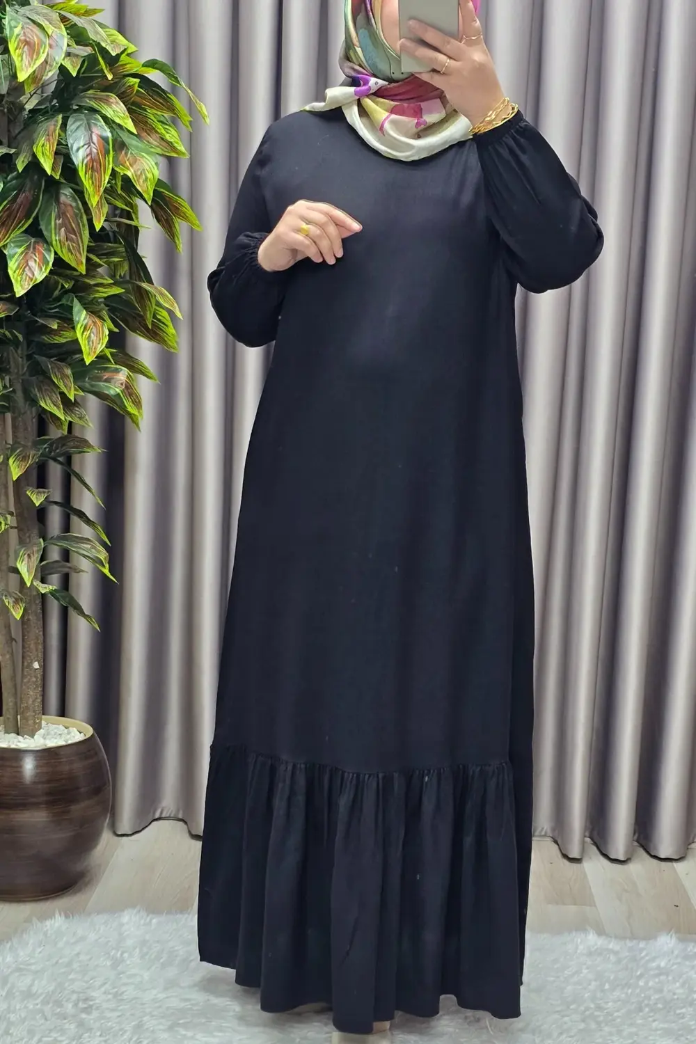 Kadın Tesettür Giyim Büyük Beden Düz Fırfırlı Elbise