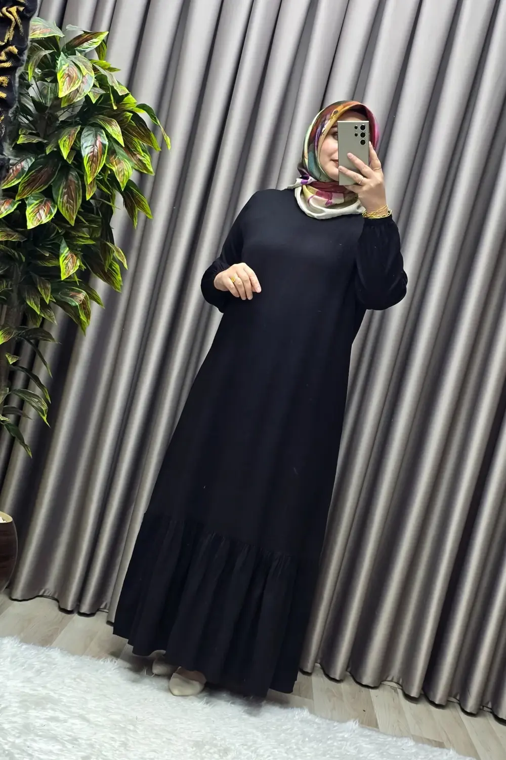 Kadın Tesettür Giyim Büyük Beden Düz Fırfırlı Elbise