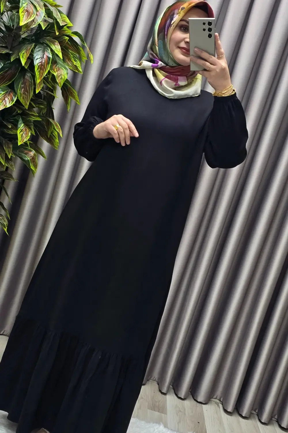 Kadın Tesettür Giyim Büyük Beden Düz Fırfırlı Elbise
