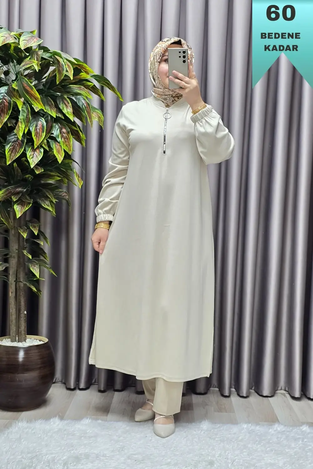 Kadın Tesettür Giyim Büyük Beden Fermuarlı Jumbo Uzun Tunik