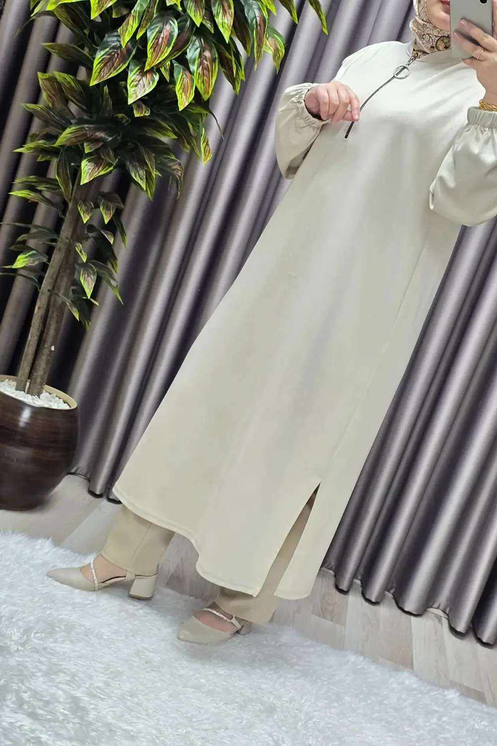 Kadın Tesettür Giyim Büyük Beden Fermuarlı Jumbo Uzun Tunik