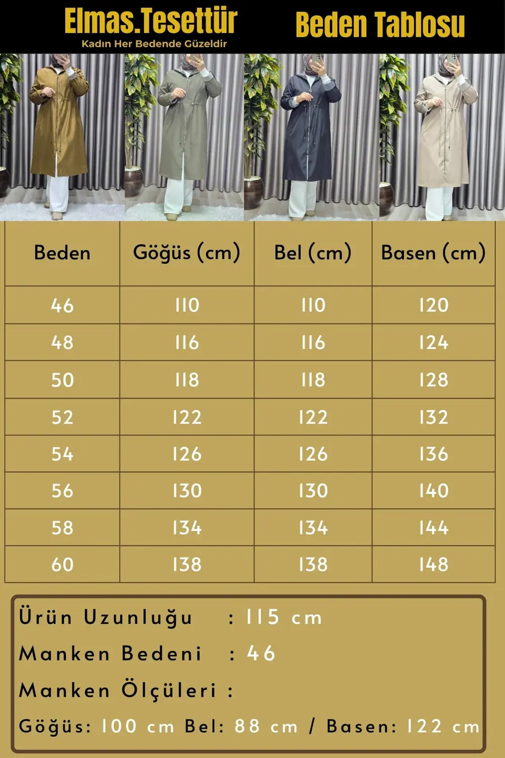 Kadın Tesettür Giyim Büyük Beden Fransız Boy Mevsimlik Trençkot