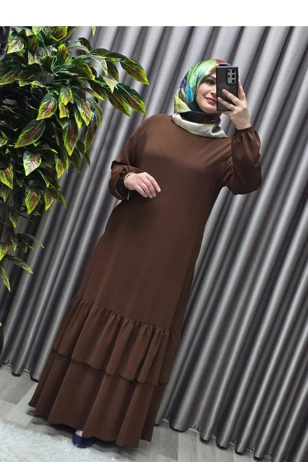 Kadın Tesettür Giyim Büyük Beden İki Katlı Krep Elbise