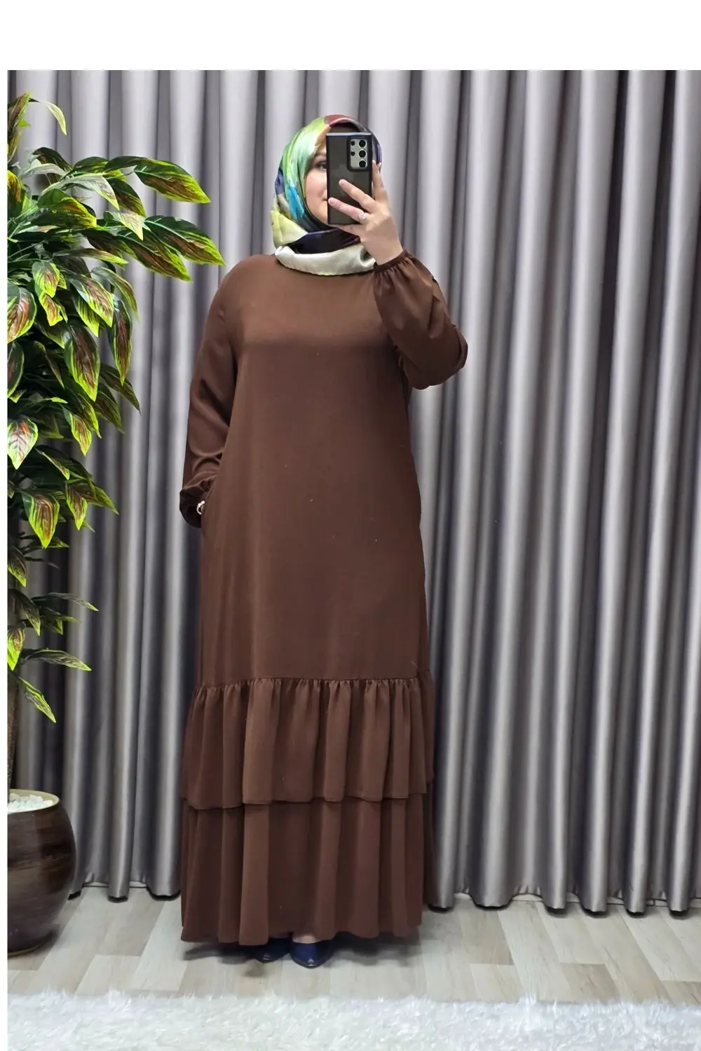 Kadın Tesettür Giyim Büyük Beden İki Katlı Krep Elbise