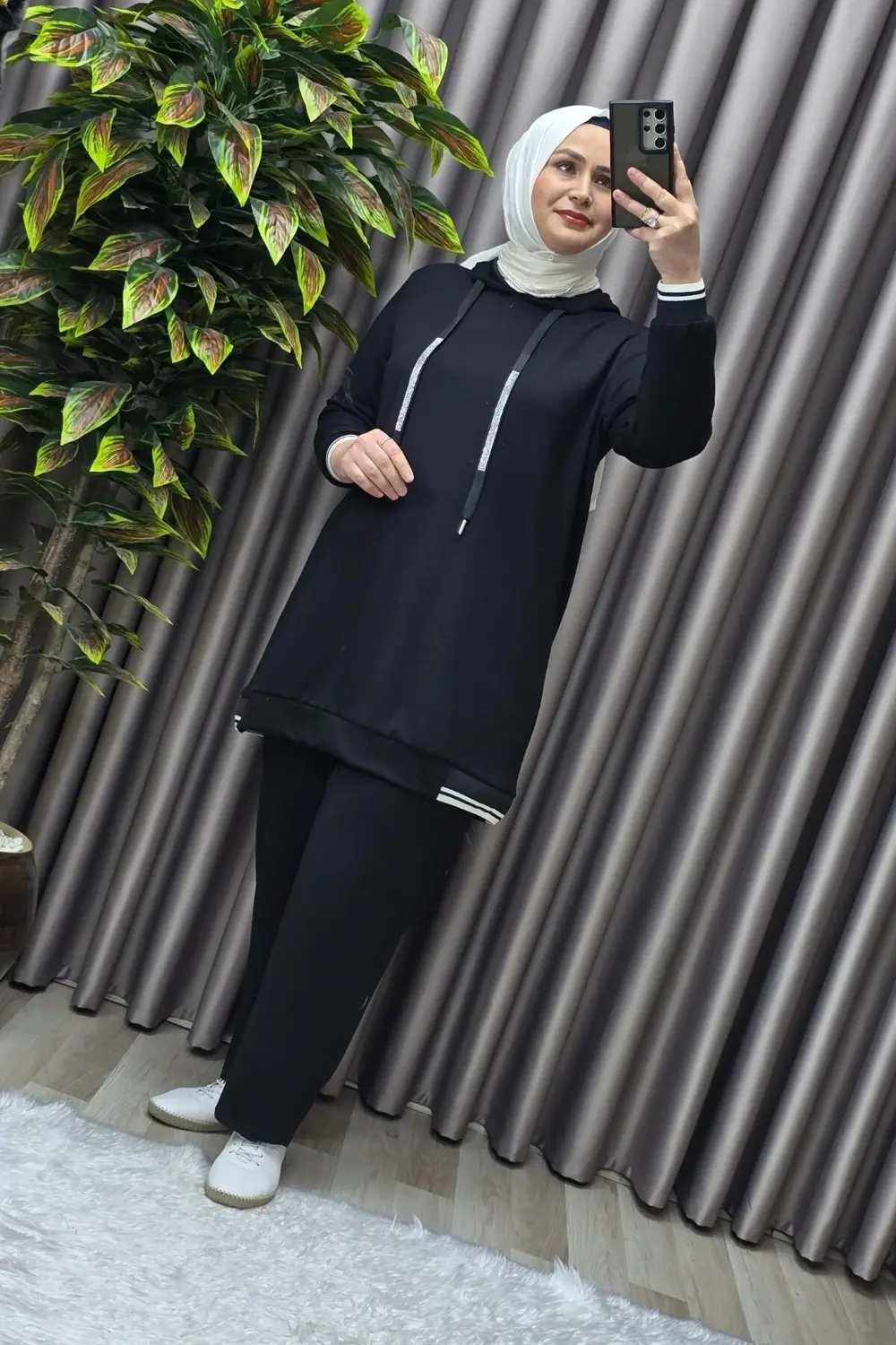 Kadın Tesettür Giyim Büyük Beden Kapşonlu Spor İkili Takım
