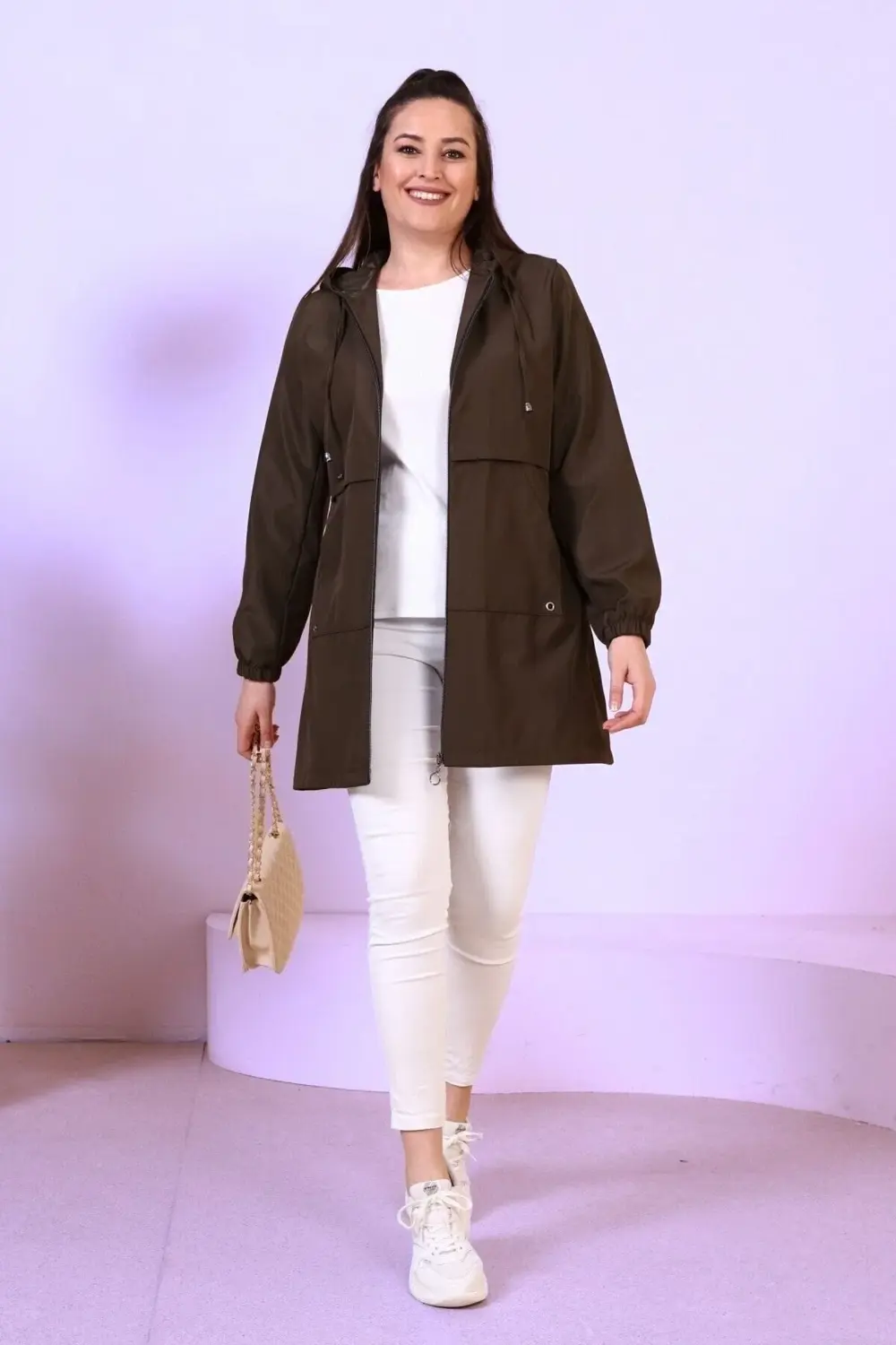 Kadin Tesettur Giyim Buyuk Beden Mevsimlik Spor Trenckot Haki