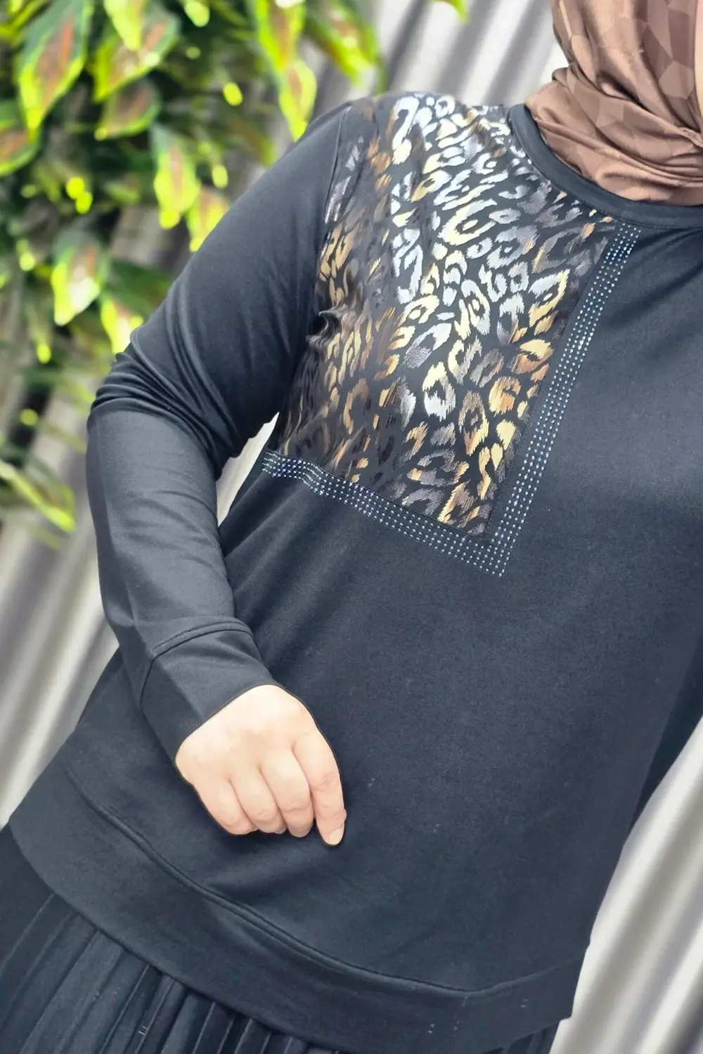 Kadın Tesettür Giyim Büyük Beden Pileli Leopar Desenli Etekli Tak