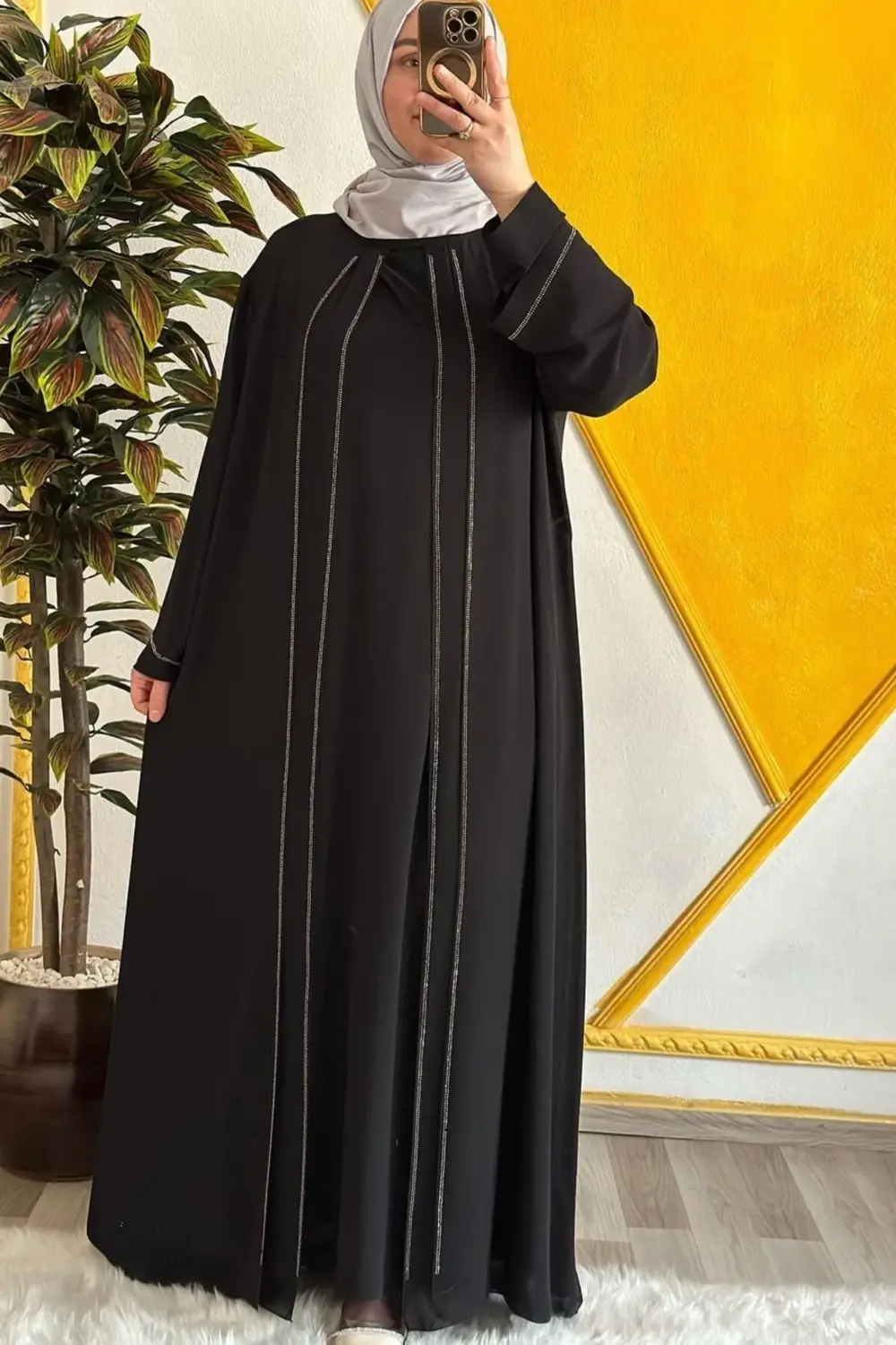 Kadın Tesettür Giyim Büyük Beden Şifon Şerit Taşlı Abiye