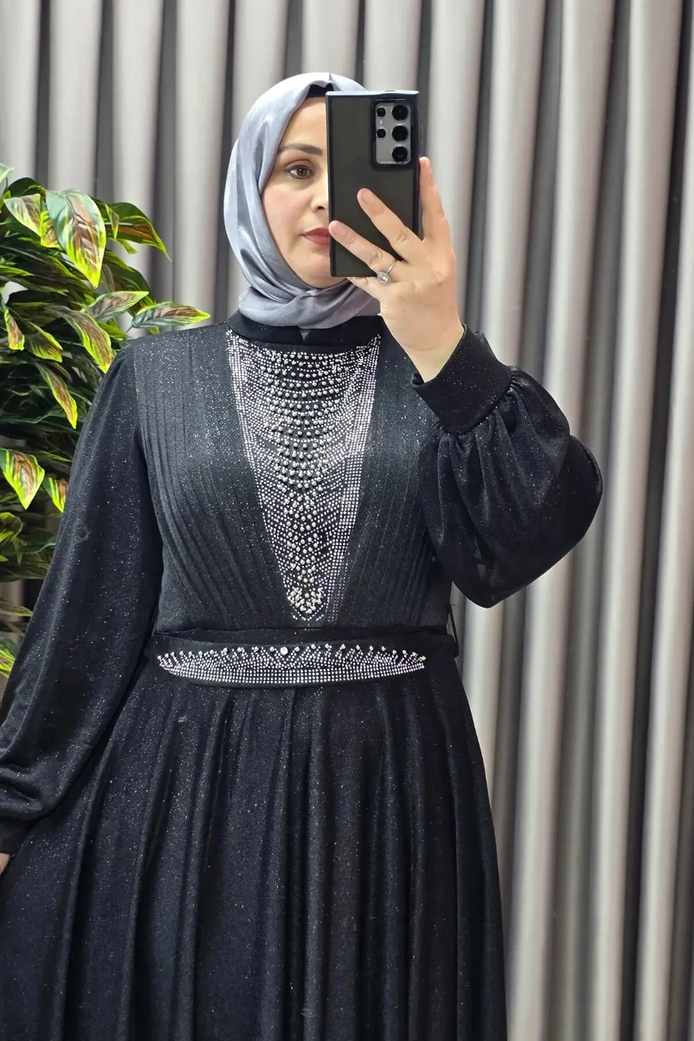 Kadın Tesettür Giyim Büyük Beden Simli Kübra Abiye