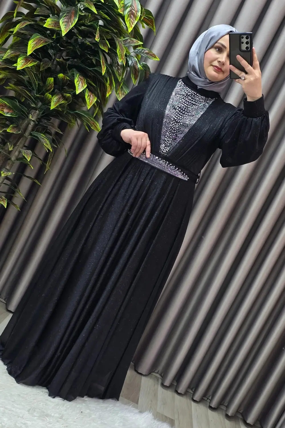 Kadın Tesettür Giyim Büyük Beden Simli Kübra Abiye